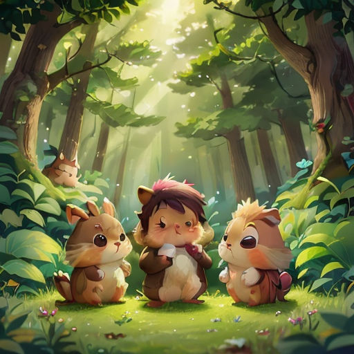 three little animals sitting in the middle of a forest with a light shining through the trees behind them and a little girl standing in the middle