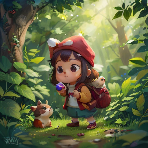 a girl with a backpack and a dog in a forest with a forest background and sunlight coming through the trees