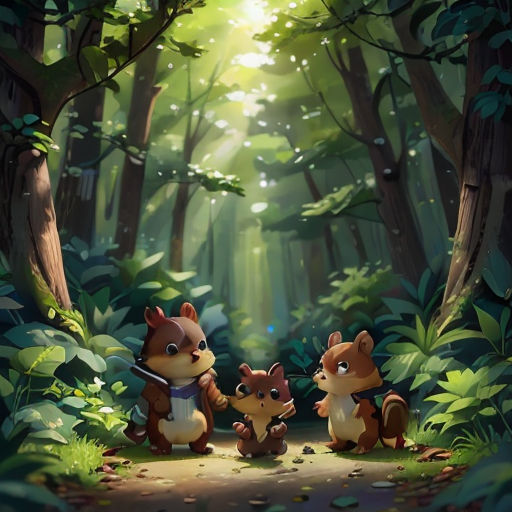 a group of animals standing in the middle of a forest with sunlight shining through the trees and leaves on the ground