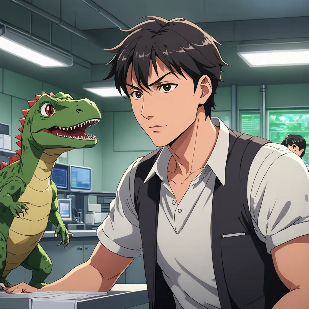a man standing next to a dinosaur in a room with other people in the background and a computer screen, sots art, a stock photo, Adam Rex, official art