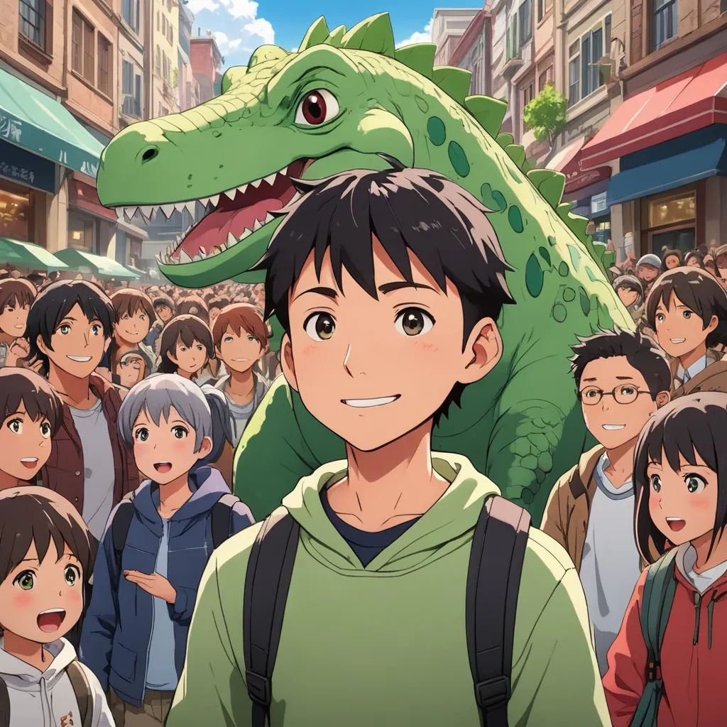a boy in a green hoodie is standing in front of a crowd of people with a dinosaur on his head, context art, concept art, Adam Rex, official art