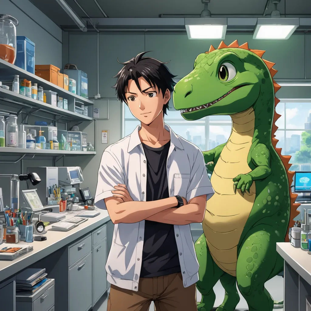 a man standing next to a dinosaur in a lab area of a science school with a microscope and a microscope, remodernism, a stock photo, Abidin Dino, official art