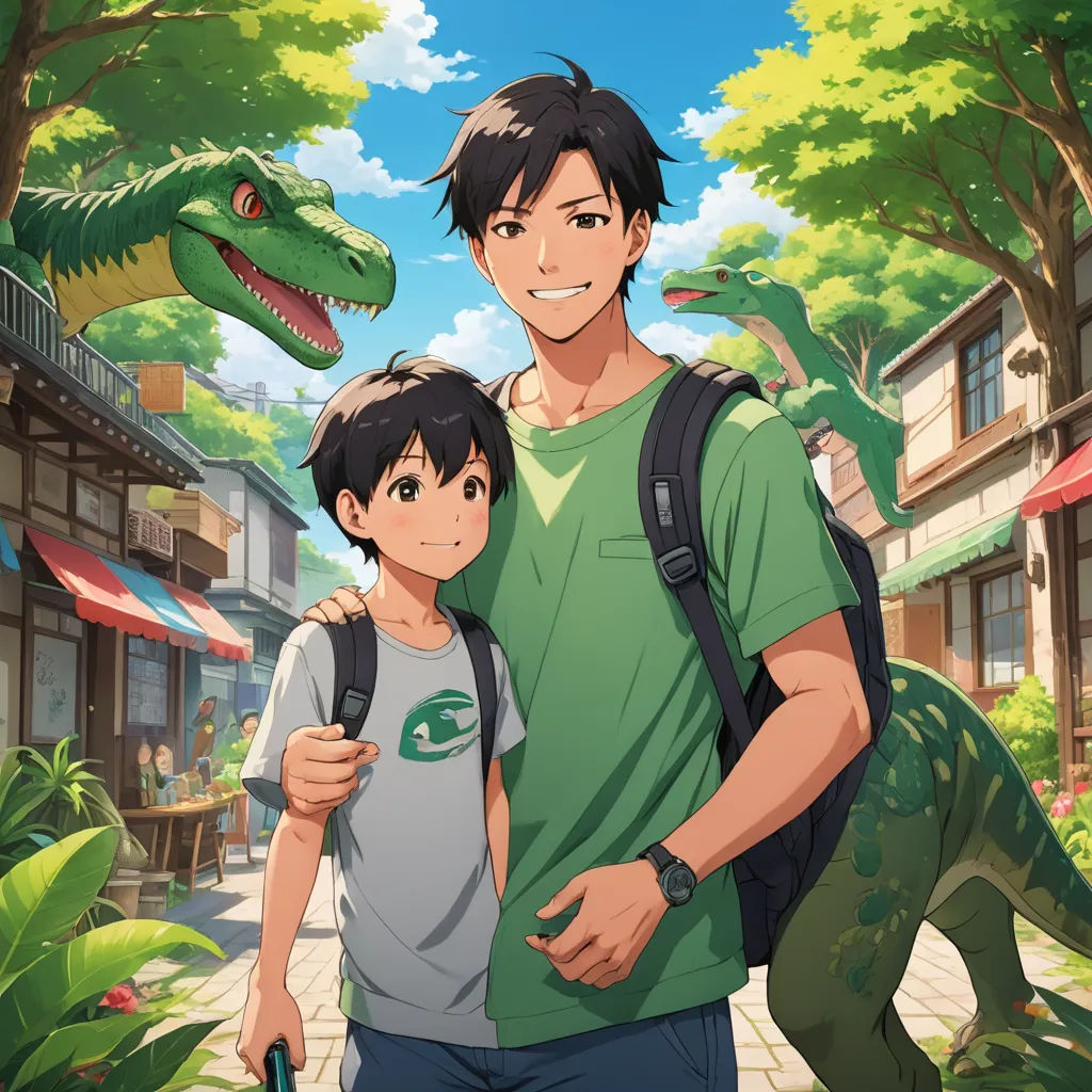 a man and a boy are standing in front of a dinosaur and a building with trees and bushes in the background, american scene painting, a storybook illustration, Adam Rex, official art