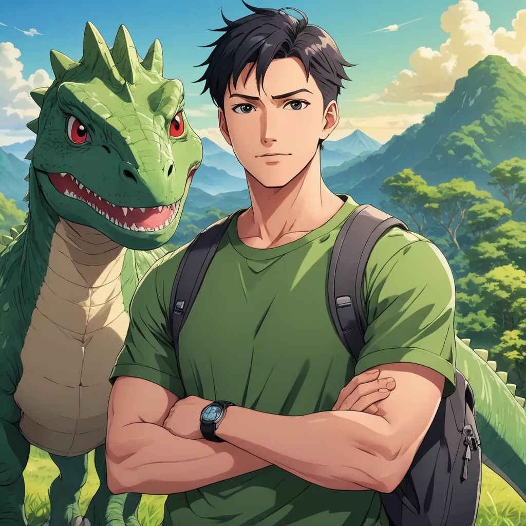 a man standing next to a green dragon in a forest with mountains in the background and a sky with clouds, sots art, a character portrait, Abidin Dino, official art