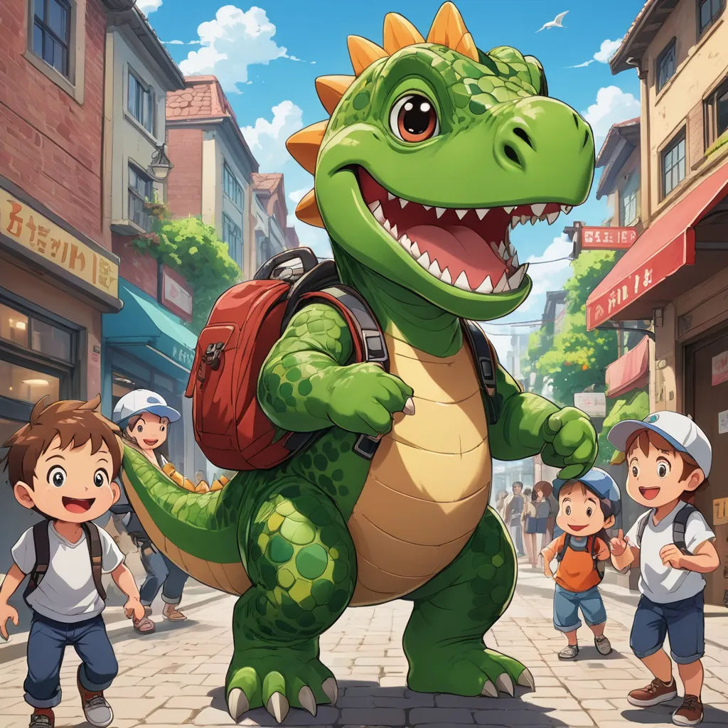 a cartoon dinosaur with a backpack and children in the background walking down a street with buildings and shops on both sides, sots art, concept art, Adam Rex, official art