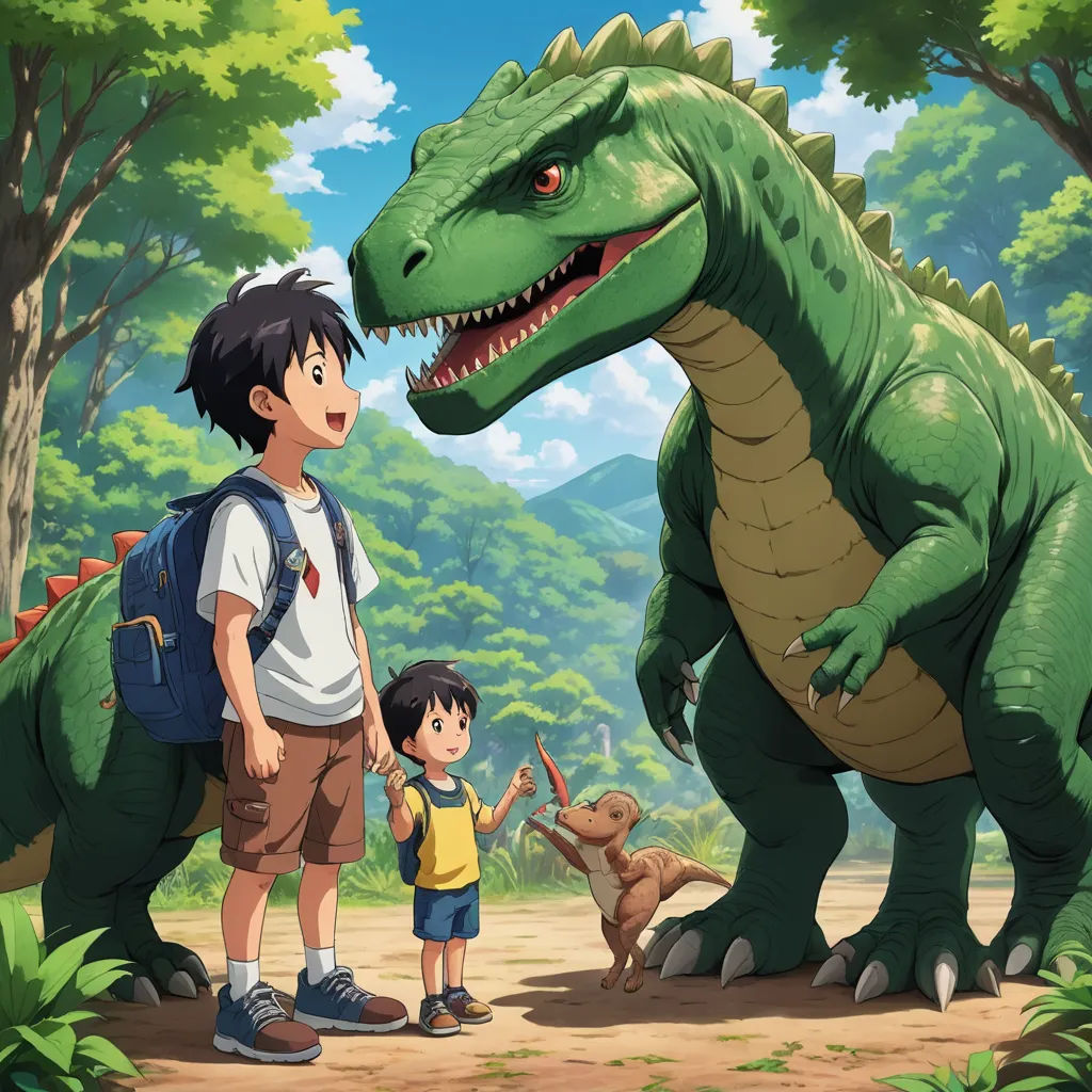 a boy and a boy standing next to a dinosaur in a forest with a boy standing next to him, sots art, concept art, Adam Rex, official art