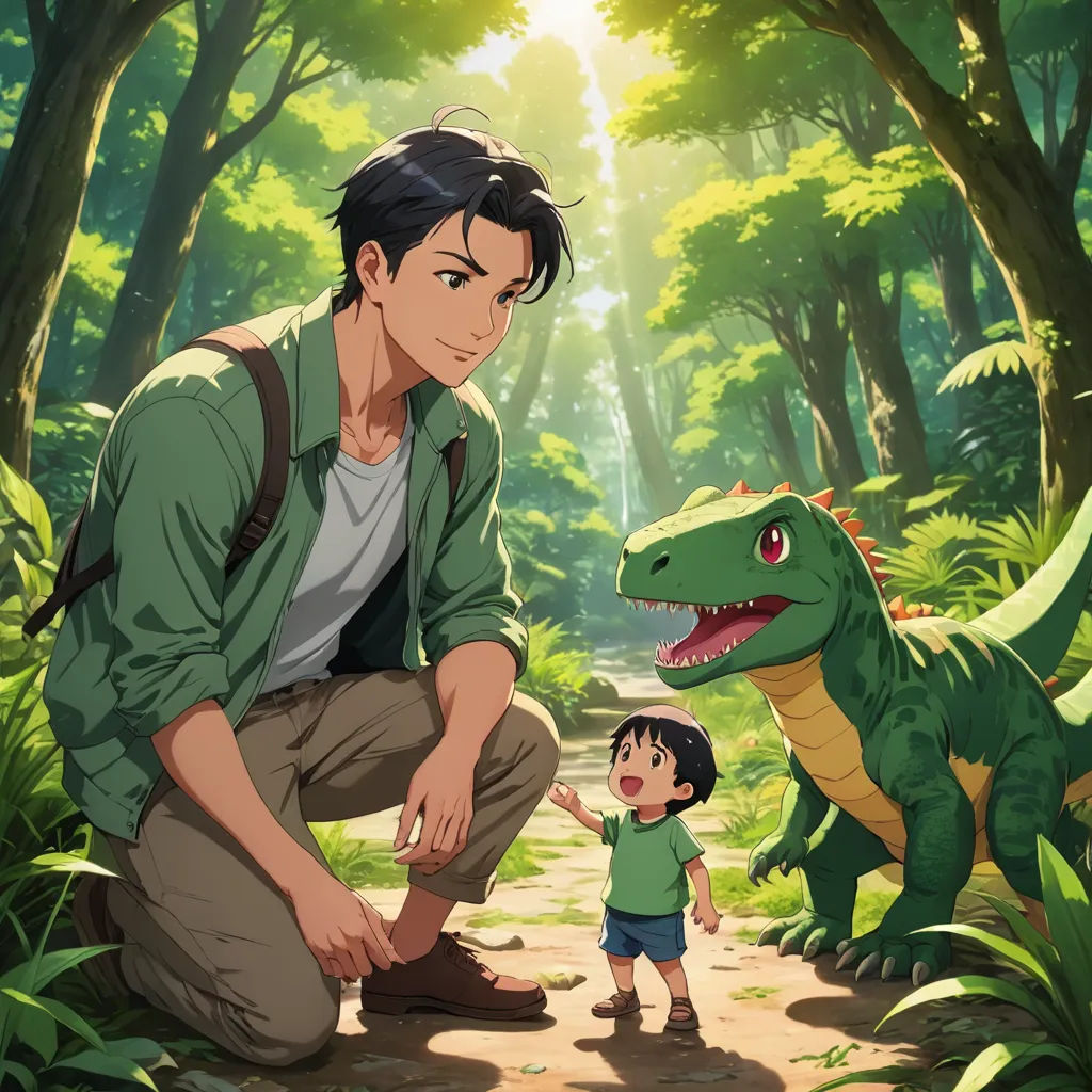 a man kneeling down next to a child near a dinosaur in a forest with trees and bushes behind him, sots art, a storybook illustration, Abidin Dino, official art