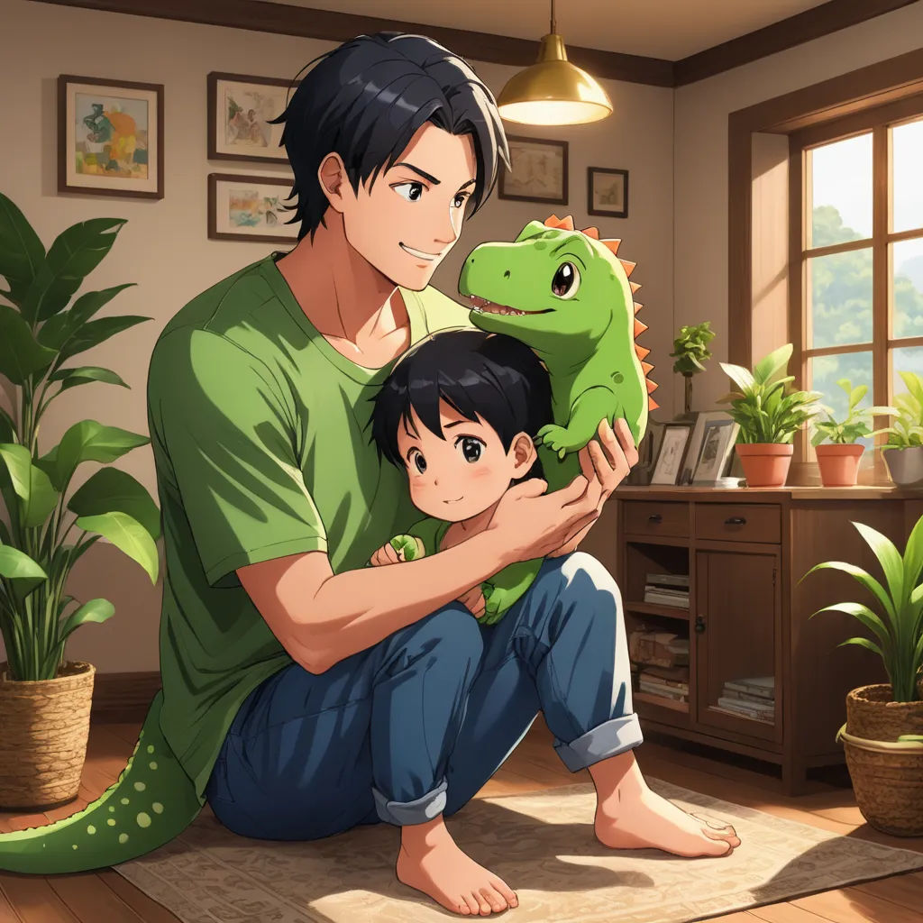 a man holding a child in a room with a dinosaur on his arm and a plant in the corner, sots art, a storybook illustration, Adam Rex, official art