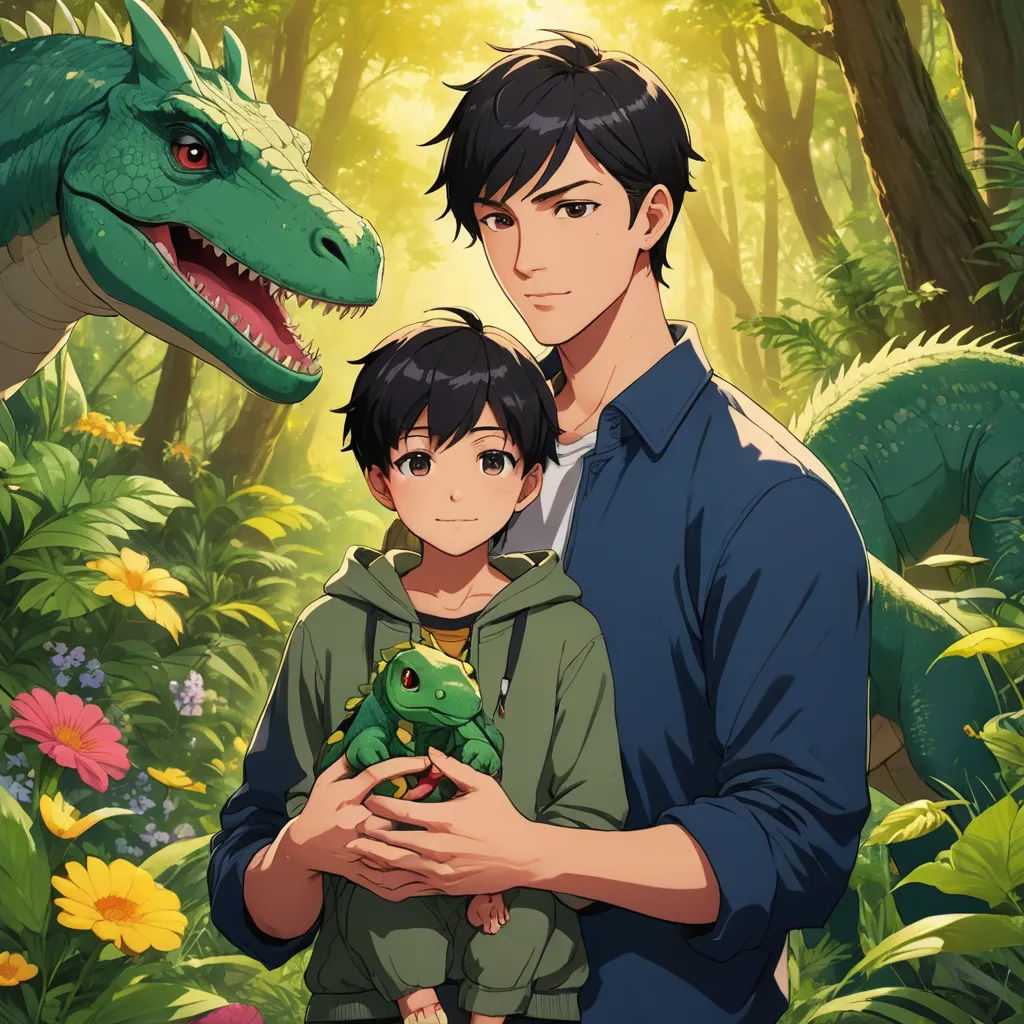 a man and a boy are standing in front of a dinosaur and a tree with flowers in the background, sots art, concept art, Adam Rex, official art