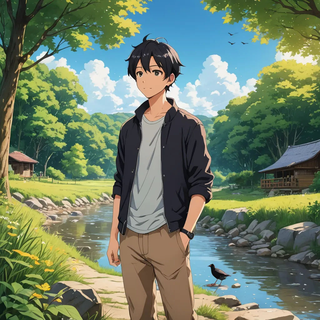 a man standing in front of a river in a forest with a bird on it's shoulder and a bird on his shoulder, environmental art, a character portrait, Aguri Uchida, official art