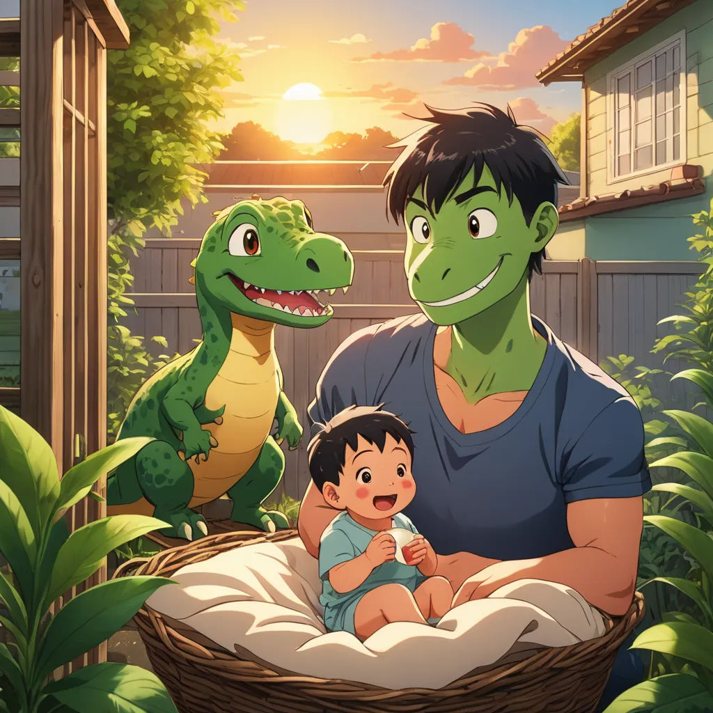 a man holding a child in a basket with a dinosaur and a baby in it in front of a fence, furry art, a storybook illustration, Adam Rex, official art
