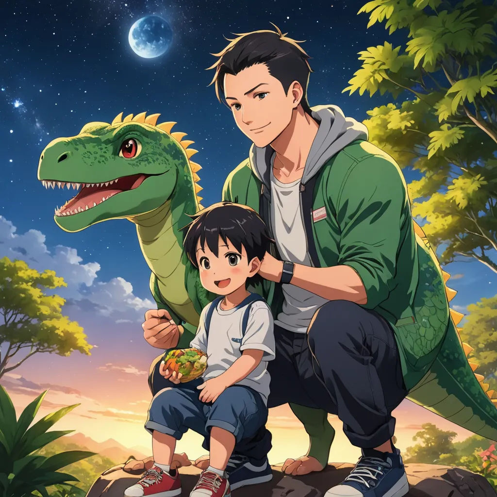 a man and a child are sitting on a rock with a dinosaur in the background and a full moon in the sky, sots art, a storybook illustration, Adam Rex, official art