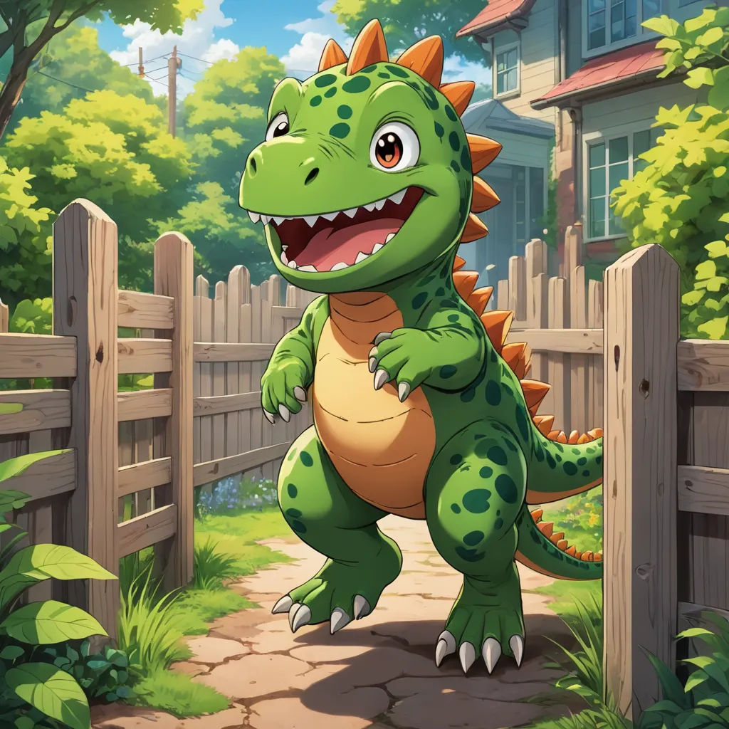 a cartoon dinosaur standing in front of a fence with a house in the background and a tree in the foreground, sots art, concept art, Adam Rex, official art