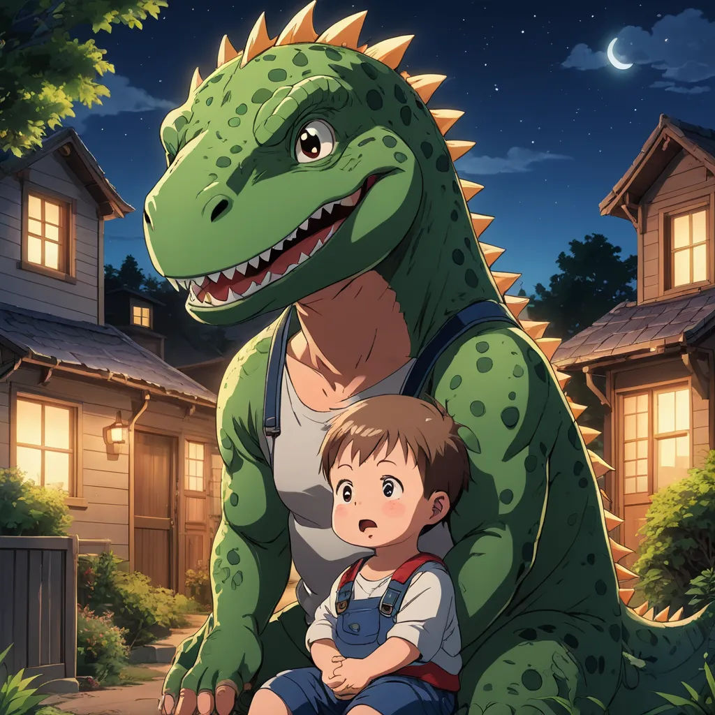 a boy and a dinosaur in front of a house at night with a full moon in the sky behind them, furry art, a storybook illustration, Adam Rex, official art