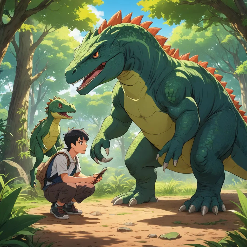 a boy kneeling down next to a dinosaur in the forest with another dinosaur in the background and a man kneeling down next to him, sots art, concept art, Adam Rex, official art