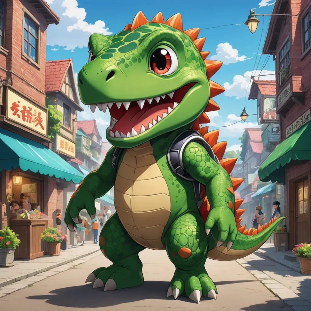a cartoon dinosaur with a backpack on a city street with buildings and people in the background, with a sign that says, iguaguant, sots art, a character portrait, Chris LaBrooy, 2 d game art
