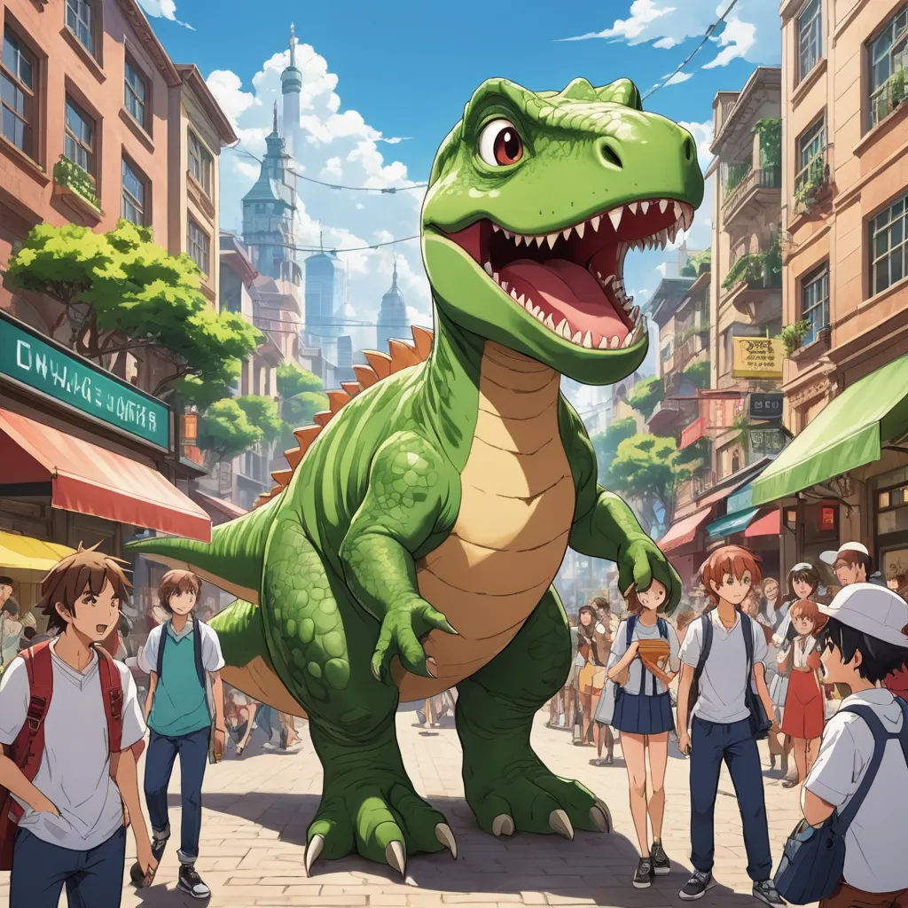 a dinosaur is standing in the middle of a crowded street with people walking around it and a man in a backpack is standing next to him, sots art, concept art, Adam Rex, official art