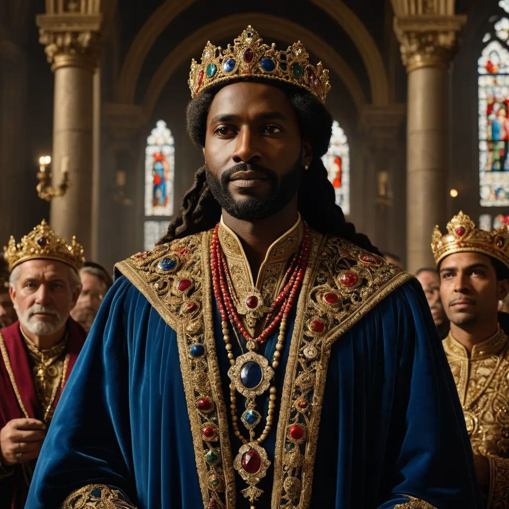 a man in a crown and a crown on his head standing in front of other men in a cathedral, afrofuturism, a renaissance painting, Chinwe Chukwuogo-Roy, promotional image