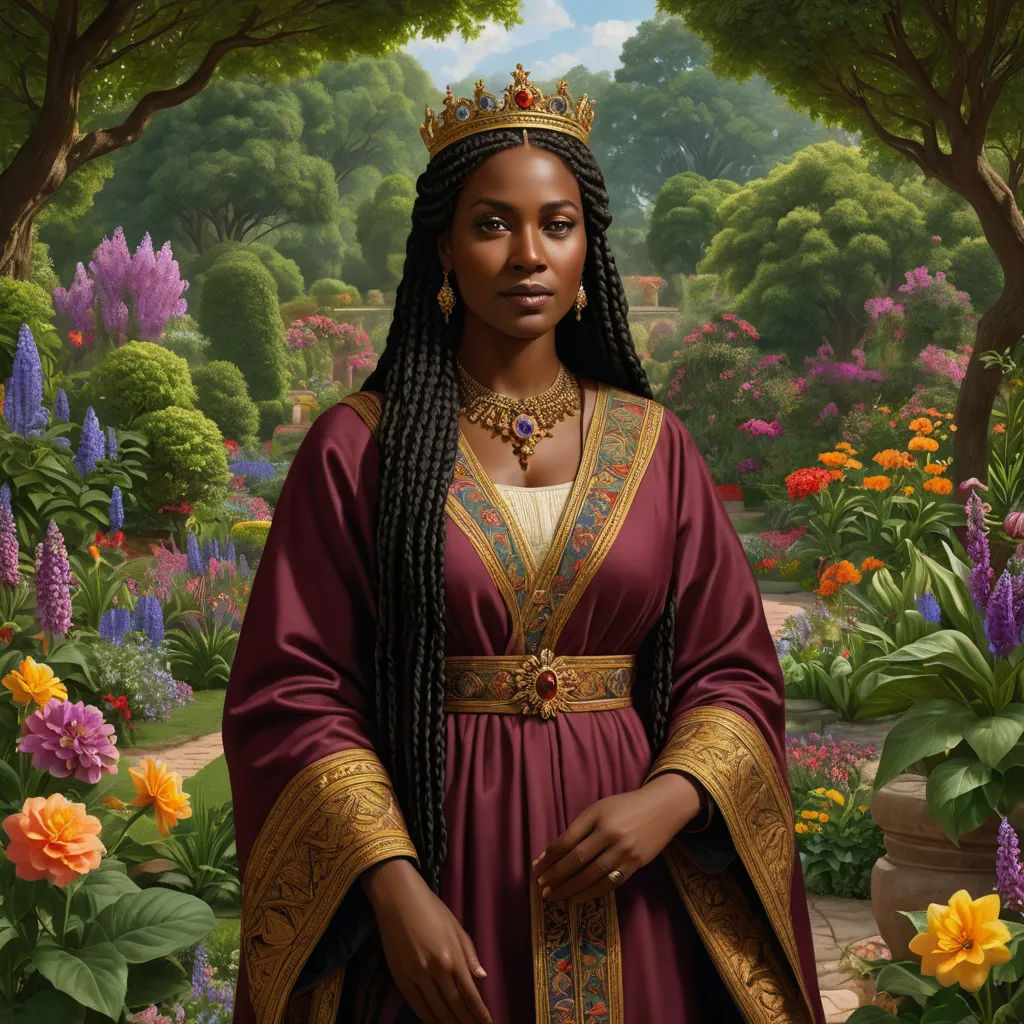 a painting of a woman in a garden with flowers and trees in the background, wearing a crown and a red dress, fantasy art, a character portrait, Ann Thetis Blacker, highly detailed digital painting