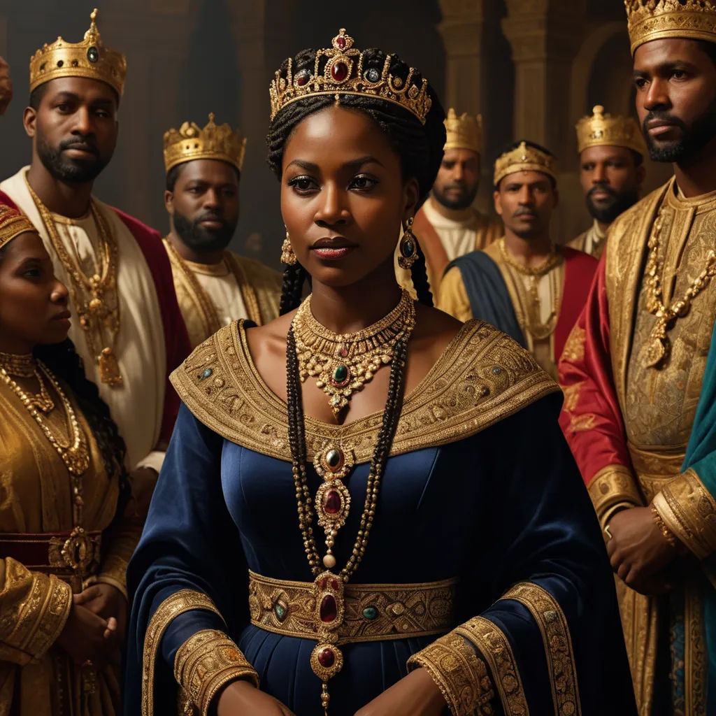 a group of people in costume standing together in a room with gold and blue clothing and crowns on their heads, afrofuturism, a renaissance painting, Chinwe Chukwuogo-Roy, promotional image