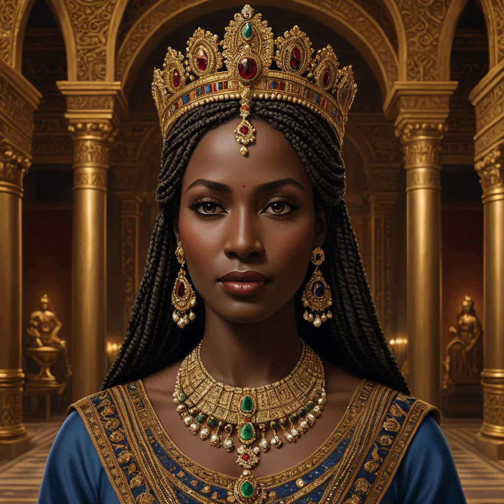 a digital painting of a woman wearing a tiara and jewelry in a palace setting with columns and columns, fantasy art, an oil painting, Chinwe Chukwuogo-Roy, highly detailed digital painting