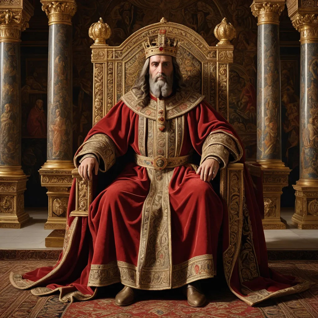 a man in a red robe sitting on a golden throne with a beard and a beard in a crown, excessivism, an ultrafine detailed painting, Edmund Leighton, highly detailed oil painting