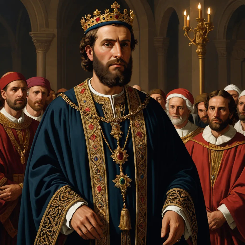 a painting of a man in a crown surrounded by other men in robes and robes, all wearing red and gold, mannerism, a detailed painting, Edmund Leighton, detailed painting