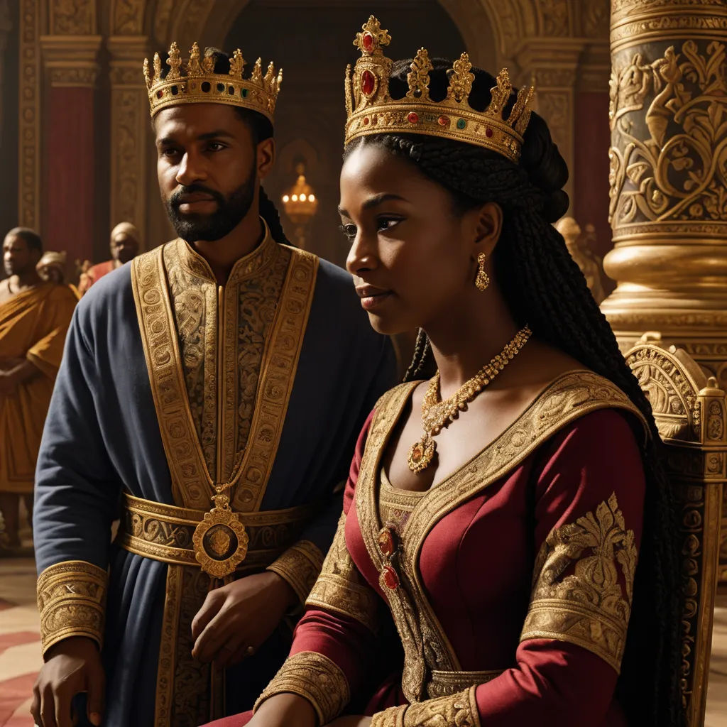 a man and woman in medieval costumes standing next to each other in a palace setting with gold trimmings, afrofuturism, a renaissance painting, Chinwe Chukwuogo-Roy, promotional image