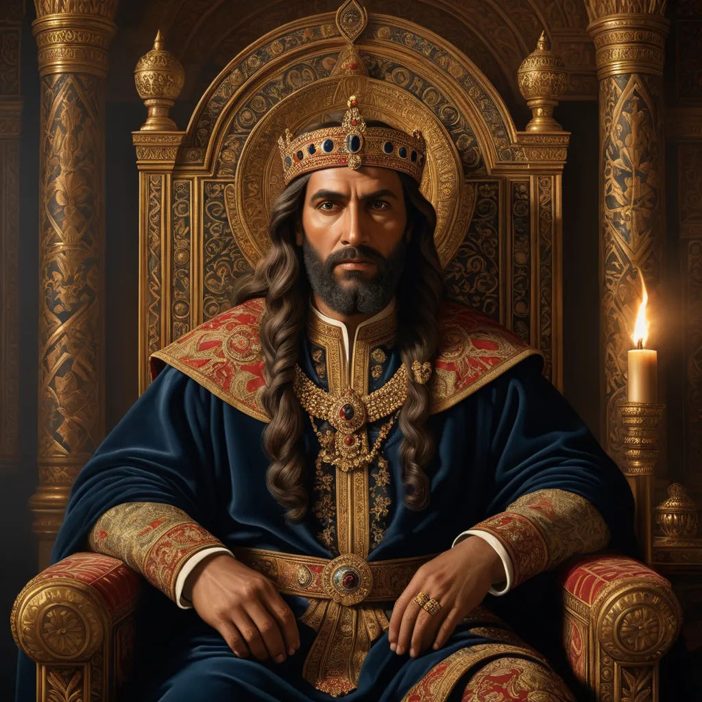 a painting of a man in a crown sitting on a throne with a candle in the background and a candle lit in the background, qajar art, an oil painting, Altoon Sultan, highly detailed digital painting