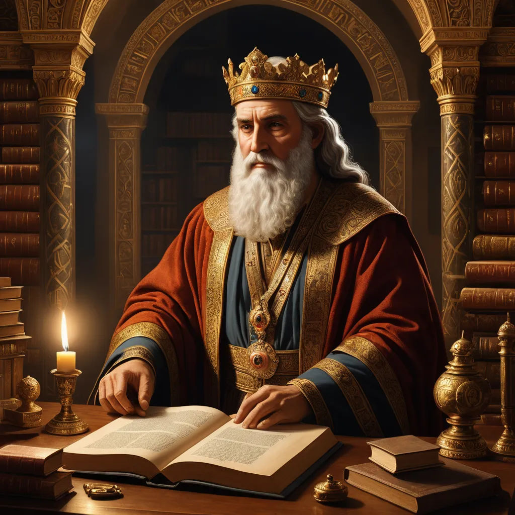 a man in a crown sitting at a table with a book and a candle in front of him and a lit candle in the background, fantasy art, an ultrafine detailed painting, Artur Tarnowski, highly detailed digital painting