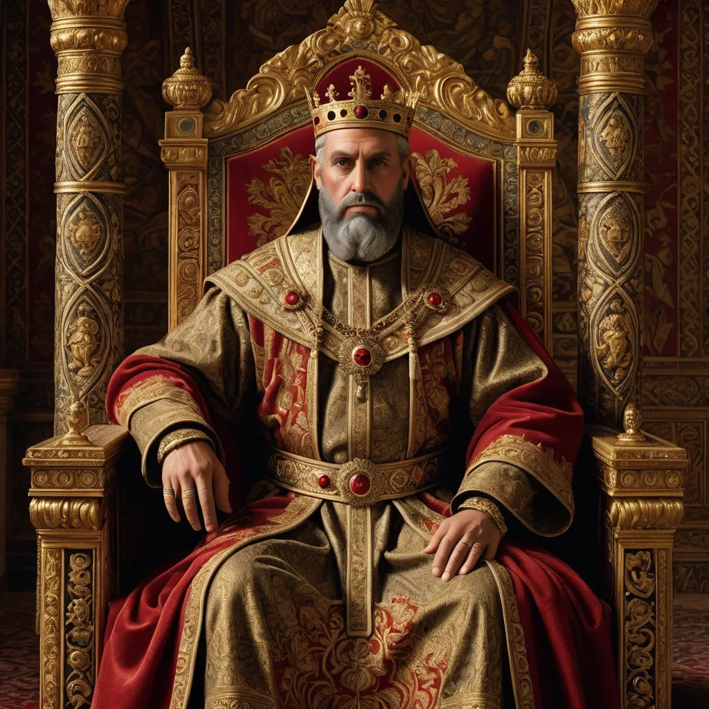 a man in a golden and red outfit sitting on a throne with a beard and a beard on his head, excessivism, a character portrait, Edi Rama, promotional image