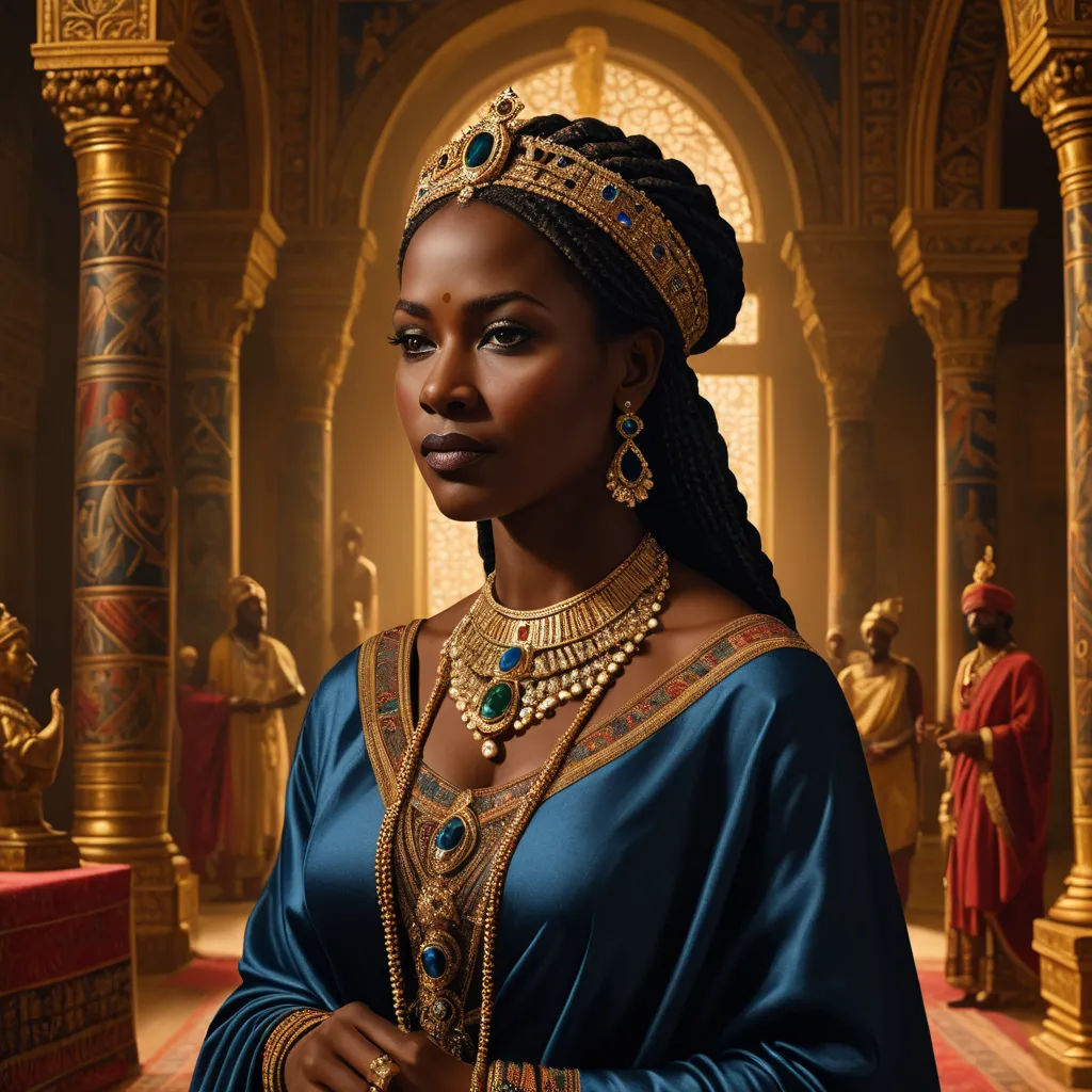 a woman in a blue dress and gold jewelry in a room with columns and arches, with a gold crown on her head, afrofuturism, a detailed matte painting, Chinwe Chukwuogo-Roy, official art