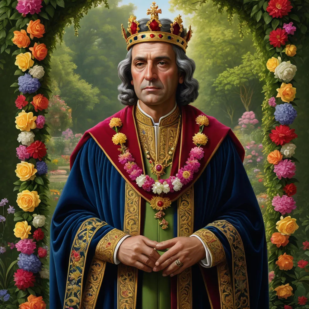 a painting of a man in a crown and robes with flowers around him and a wreath of flowers around him, qajar art, a character portrait, Dino Valls, official art
