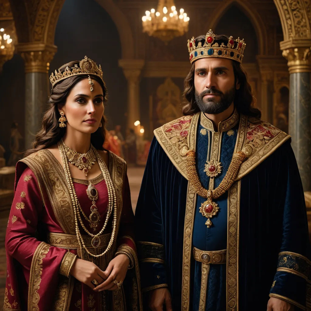 a man and a woman dressed in medieval clothing standing next to each other in a palace setting with chandeliers, international gothic, a renaissance painting, Altoon Sultan, promotional image