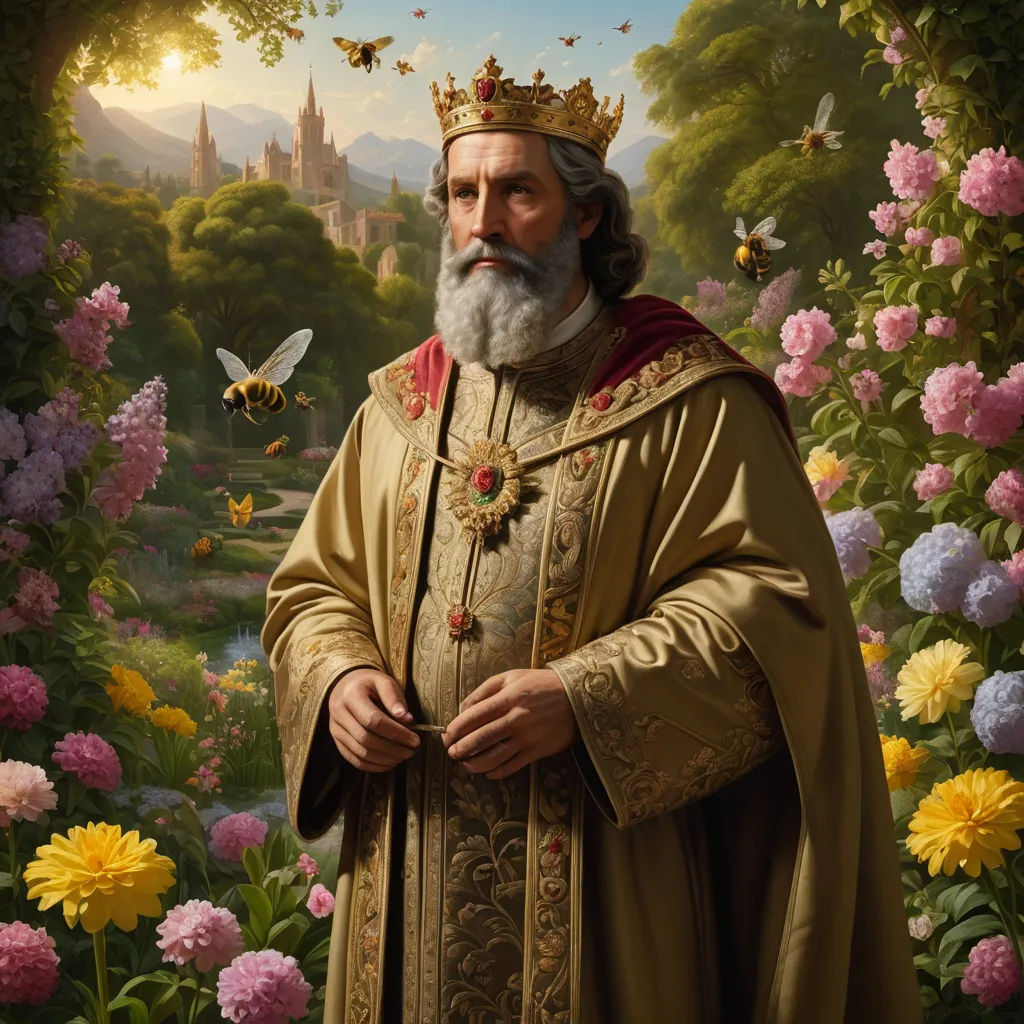 a painting of a man with a beard and a crown in a garden with flowers and bees around him, fantasy art, an ultrafine detailed painting, Donato Giancola, highly detailed digital painting