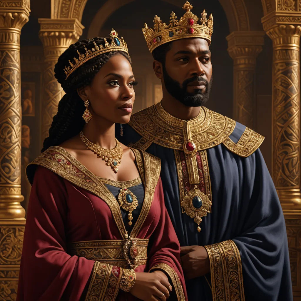 a man and woman dressed in medieval clothing standing next to each other in front of a golden archway with columns, afrofuturism, an ultrafine detailed painting, Chinwe Chukwuogo-Roy, highly detailed digital painting