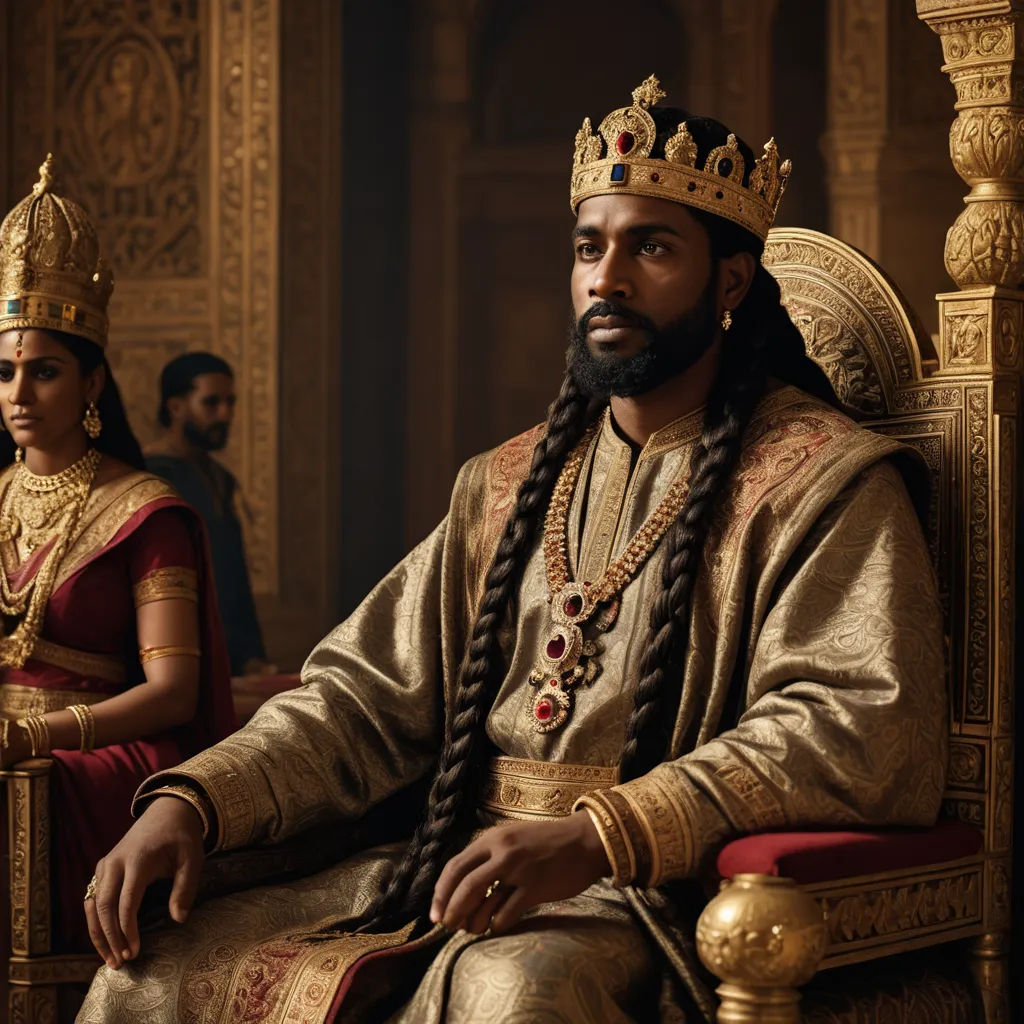 a man in a crown sitting on a chair next to a woman in a red dress and gold dress, samikshavad, a renaissance painting, Altoon Sultan, promotional image