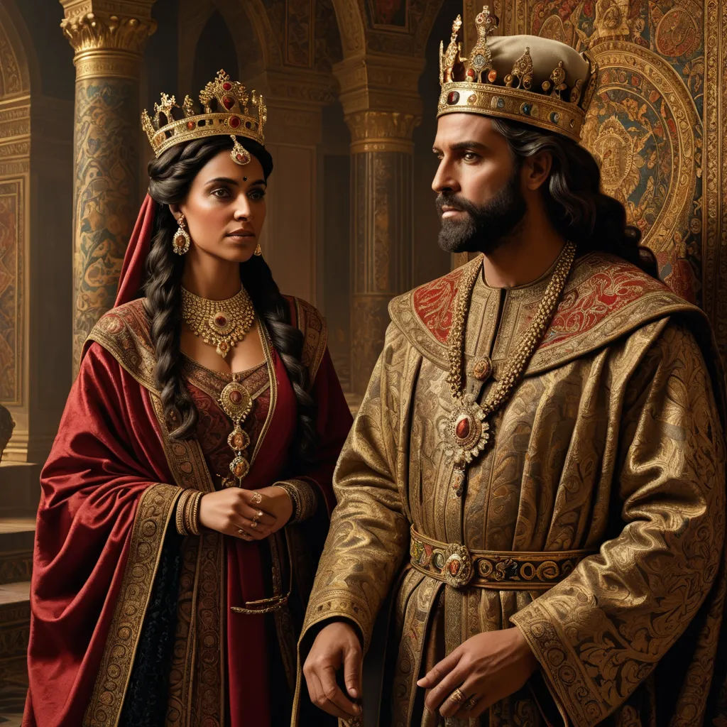 a man and woman dressed in medieval clothing standing next to each other in a palace setting with gold and red colors, qajar art, a photorealistic painting, Araceli Gilbert, promotional image