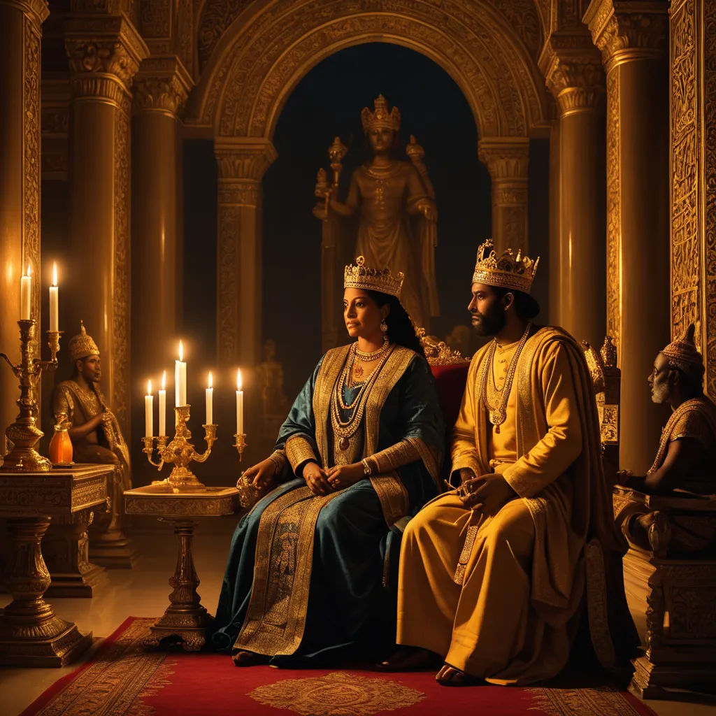 a man and woman sitting on a red couch in a room with candles in the background and a statue of a king and a woman, qajar art, a detailed matte painting, Altoon Sultan, promotional image