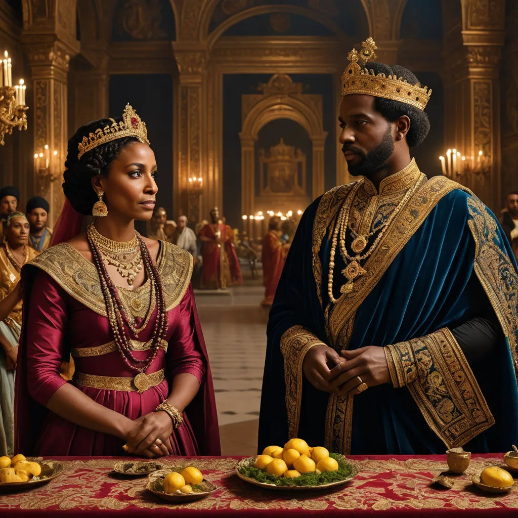 a man and woman in medieval costumes standing in front of a table with lemons on it and a crown on top of their head, afrofuturism, a renaissance painting, Chinwe Chukwuogo-Roy, promotional image
