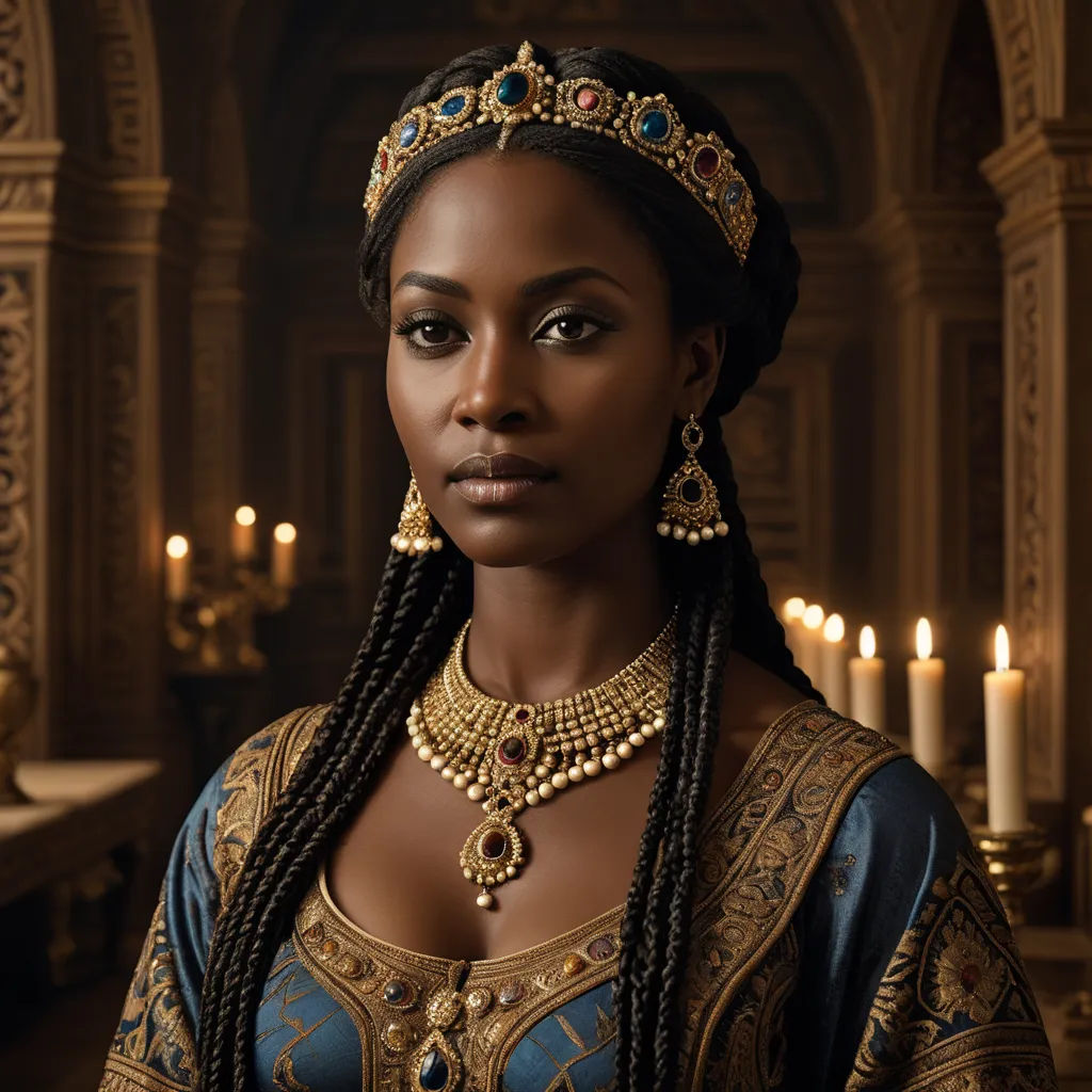 a woman wearing a tiara and a necklace with candles in the background and a candle lit room behind her, renaissance, a character portrait, Chinwe Chukwuogo-Roy, promotional image