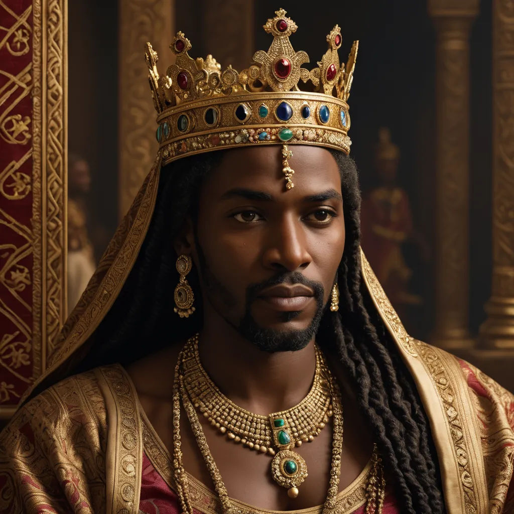 a man in a crown and a gold outfit with braids and a necklace on his head and a red and gold dress, afrofuturism, a character portrait, Altoon Sultan, promotional image