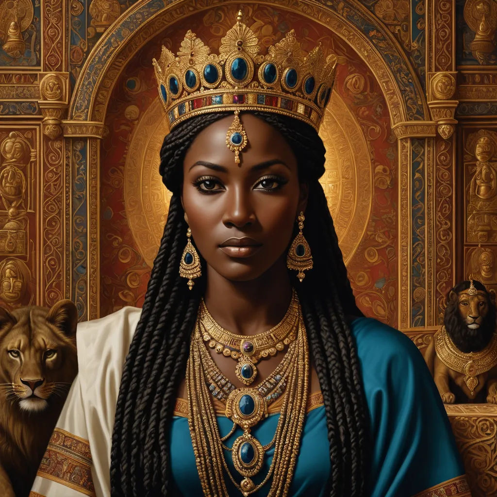 a painting of a woman wearing a crown and a blue dress with a lion behind her and a lion behind her, afrofuturism, a hyperrealistic painting, Donato Giancola, highly detailed digital painting