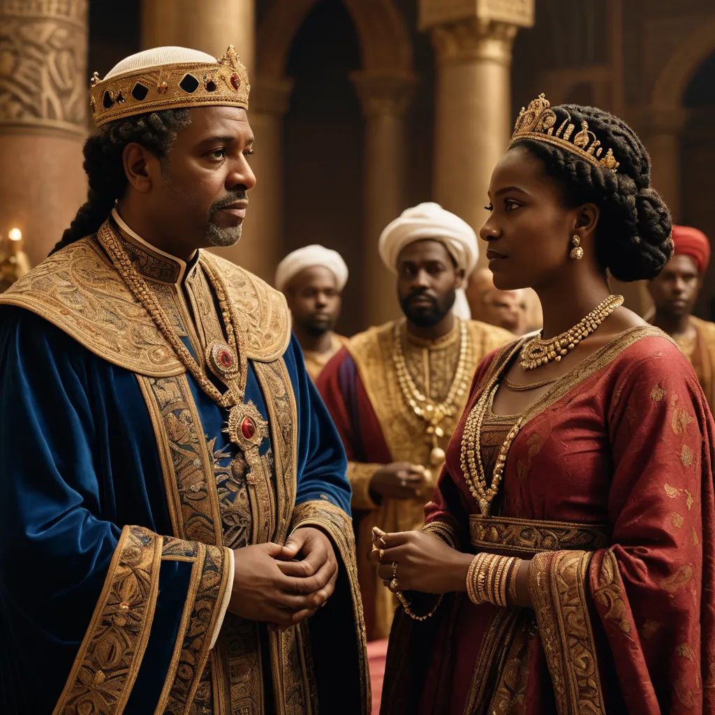 a man and woman in costume standing next to each other in a room with other people in costume and in the background, afrofuturism, a renaissance painting, Chinwe Chukwuogo-Roy, promotional image