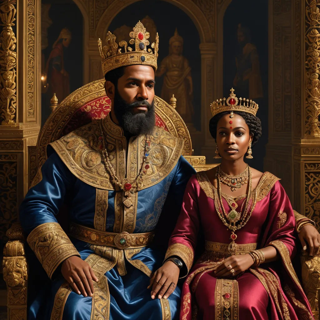 a man and woman in costume sitting on a throne with a crown on their head and a beard on their head, afrofuturism, a hyperrealistic painting, Chinwe Chukwuogo-Roy, regal