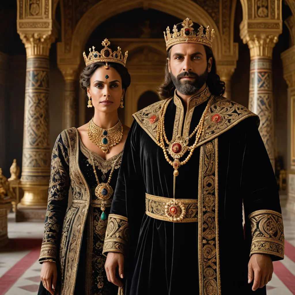 a man and woman dressed in medieval clothing standing next to each other in a palace setting with columns and columns, qajar art, concept art, Altoon Sultan, promotional image
