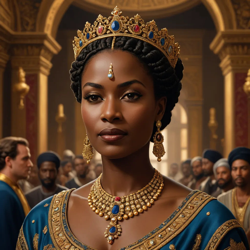 a woman in a blue dress with a crown on her head and a crowd of people behind her in a gold and blue dress, afrofuturism, a detailed painting, Chinwe Chukwuogo-Roy, highly detailed digital painting