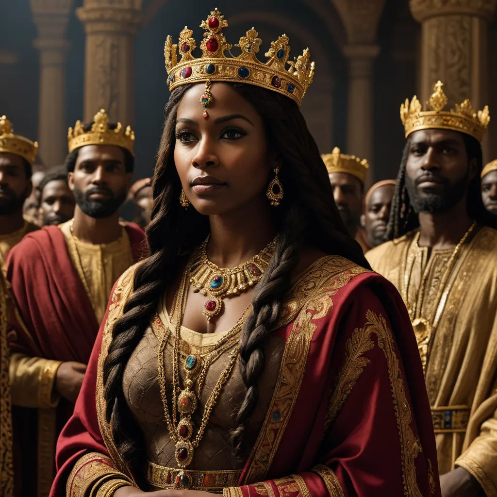a woman in a crown surrounded by other men in gold and red outfits and gold jewelry, standing in a line, afrofuturism, a renaissance painting, Chinwe Chukwuogo-Roy, promotional image