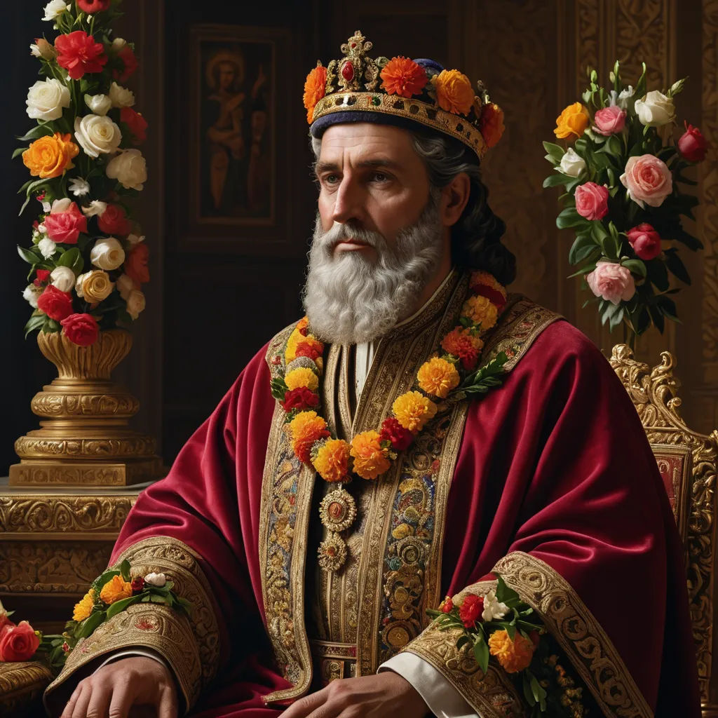 a painting of a man with a beard wearing a crown and a red robe and a wreath of flowers, qajar art, an oil on canvas painting, Bholekar Srihari, highly detailed oil painting