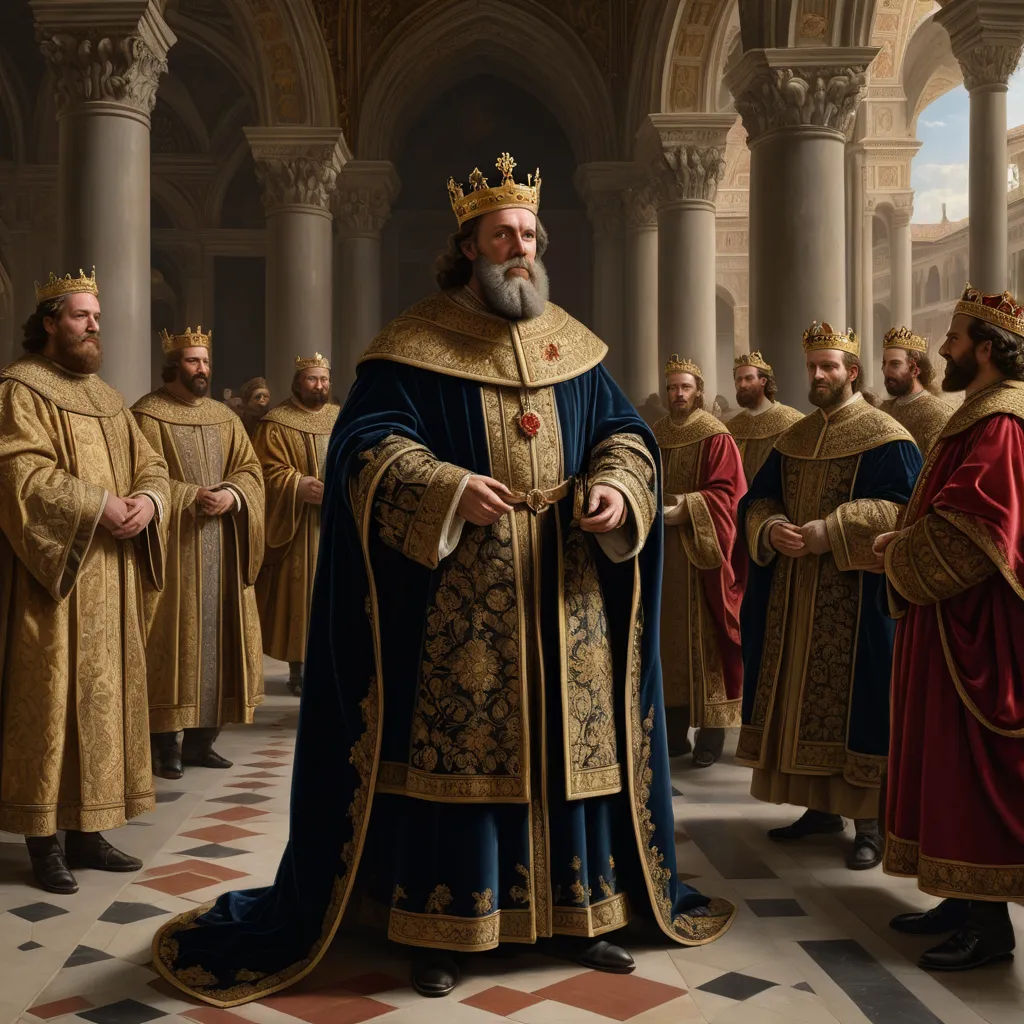 a painting of a man in a crown surrounded by other men in robes and robes, all standing in a row, classical realism, an ultrafine detailed painting, Edmund Leighton, renaissance oil painting